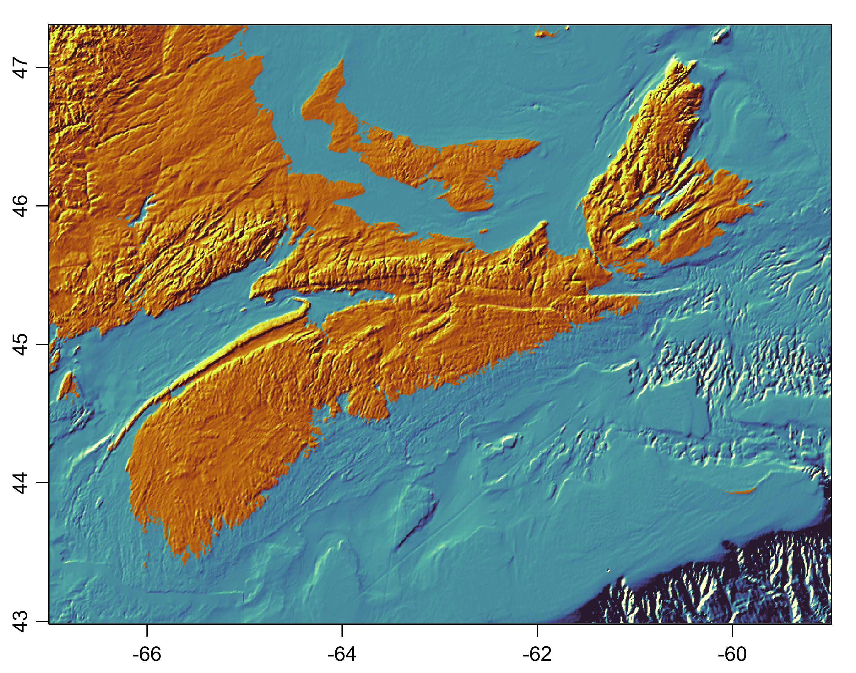 Bathymetry and topography in the region of Nova Scotia.