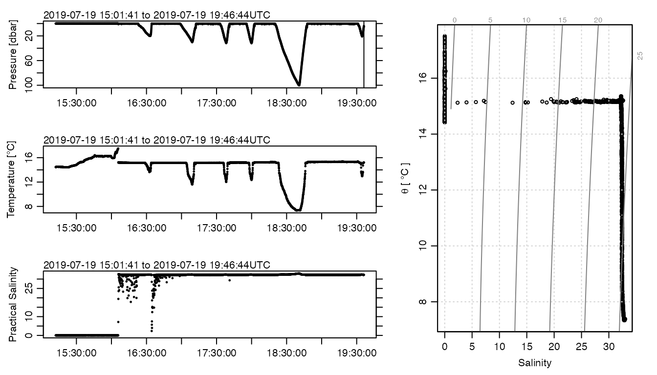 **Figure 1. An overview of the raw data. Note the spurious values in the time-series plots for the first hour or two.**